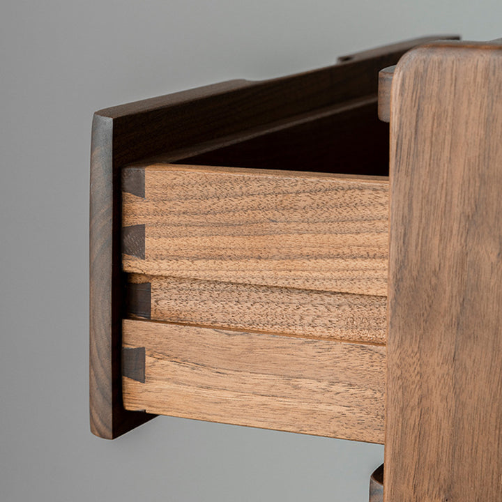 Table de chevet en bois massif de noyer à 2 tiroirs, design japonais traditionnel à coins arrondis, pour chambre à coucher 