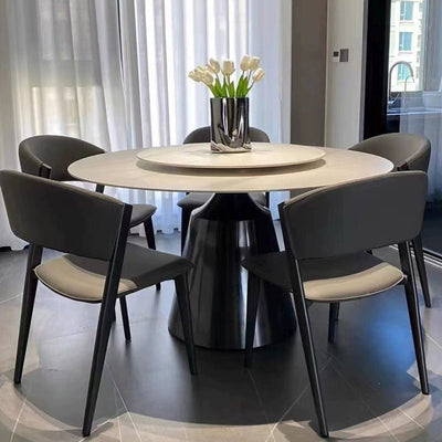 Contemporary Nordic Round Stainless Steel Stone Slab Solid Wood Plywood Dining Table & Chair Set With Turntable For 6/8/10 Seats