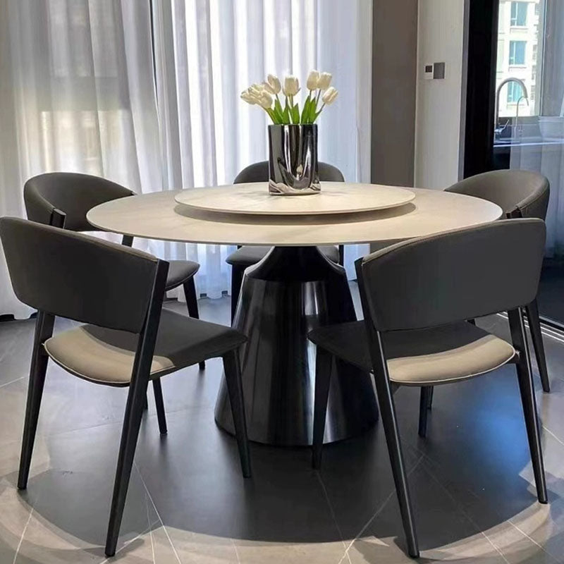 Contemporary Nordic Round Stainless Steel Stone Slab Solid Wood Plywood Dining Table & Chair Set With Turntable For 6/8/10 Seats