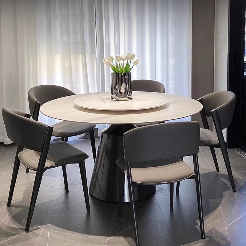 Contemporary Nordic Round Stainless Steel Stone Slab Solid Wood Plywood Dining Table & Chair Set With Turntable For 6/8/10 Seats