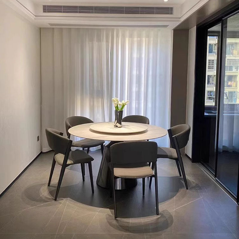 Contemporary Nordic Round Stainless Steel Stone Slab Solid Wood Plywood Dining Table & Chair Set With Turntable For 6/8/10 Seats