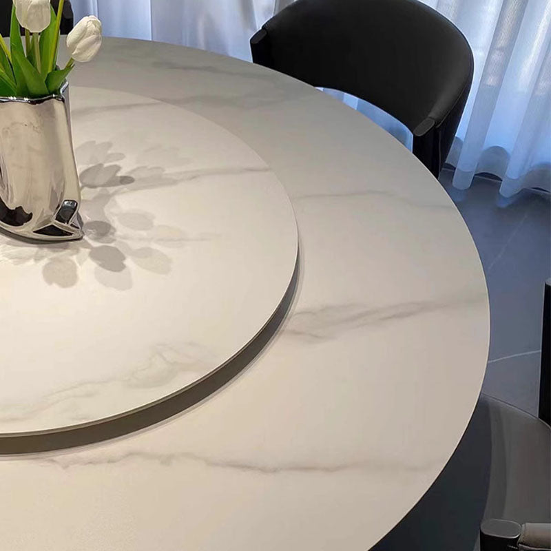 Contemporary Nordic Round Stainless Steel Stone Slab Solid Wood Plywood Dining Table & Chair Set With Turntable For 6/8/10 Seats