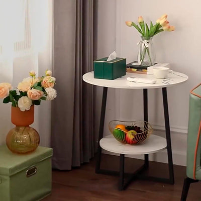 Modern Minimalist Round Carbon Steel MDF End Table 2-Tier For Living Room