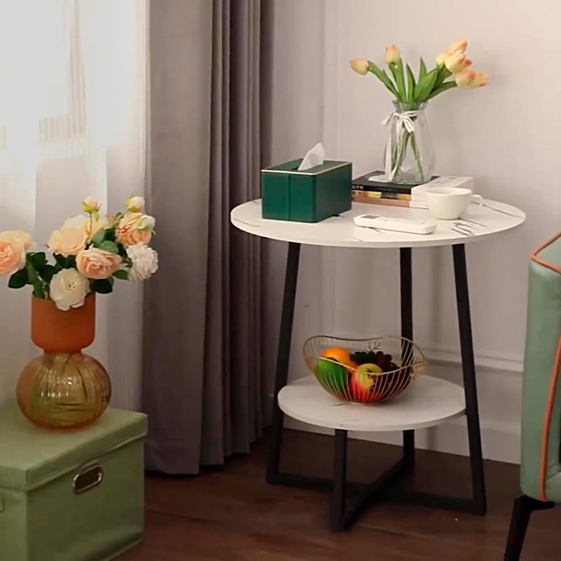 Modern Minimalist Round Carbon Steel MDF End Table 2-Tier For Living Room