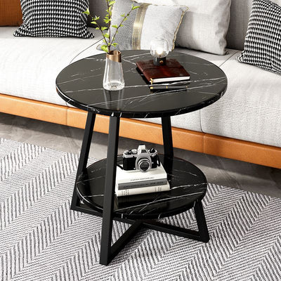 Modern Minimalist Round Carbon Steel MDF End Table 2-Tier For Living Room