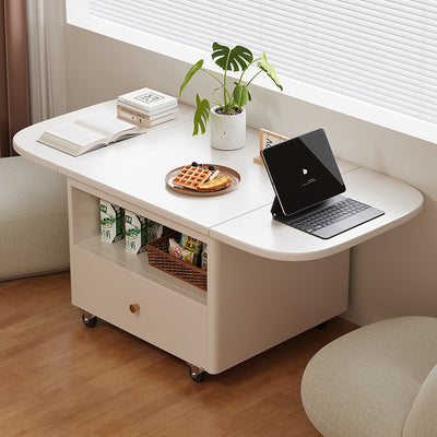 Modern Minimalist Rounded-Edge Solid Wood Eco Board Folding Movable Coffee Table 1-Drawer 2-Tier For Living Room
