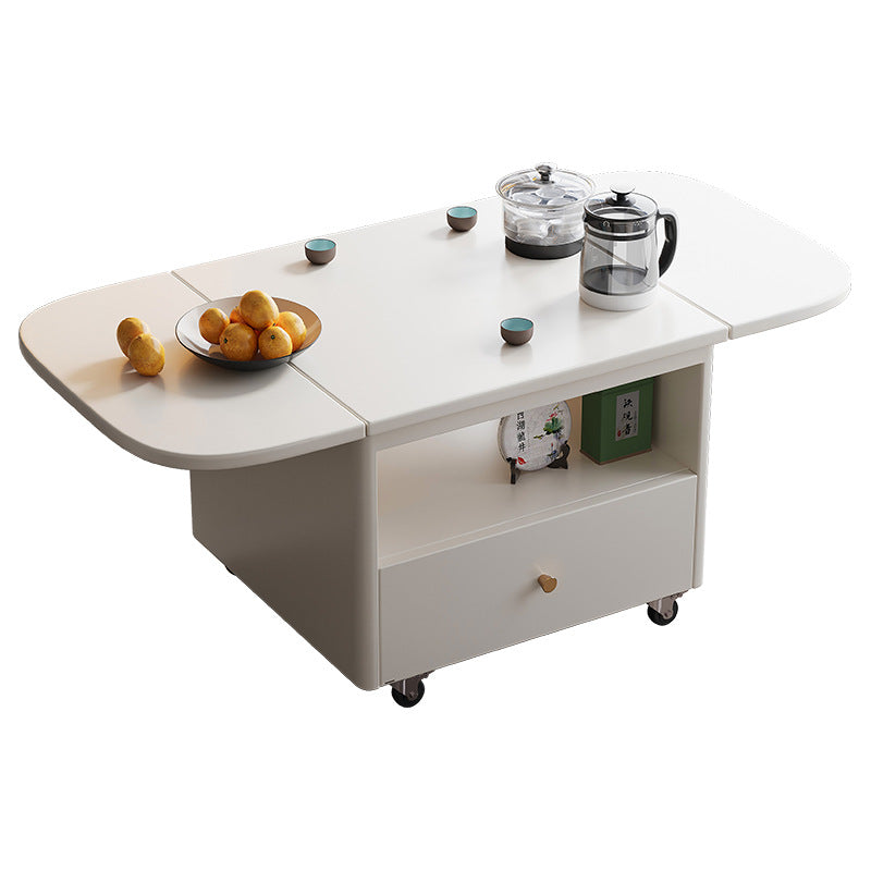 Modern Minimalist Rounded-Edge Solid Wood Eco Board Folding Movable Coffee Table 1-Drawer 2-Tier For Living Room