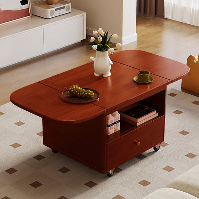 Modern Minimalist Rounded-Edge Solid Wood Eco Board Folding Movable Coffee Table 1-Drawer 2-Tier For Living Room