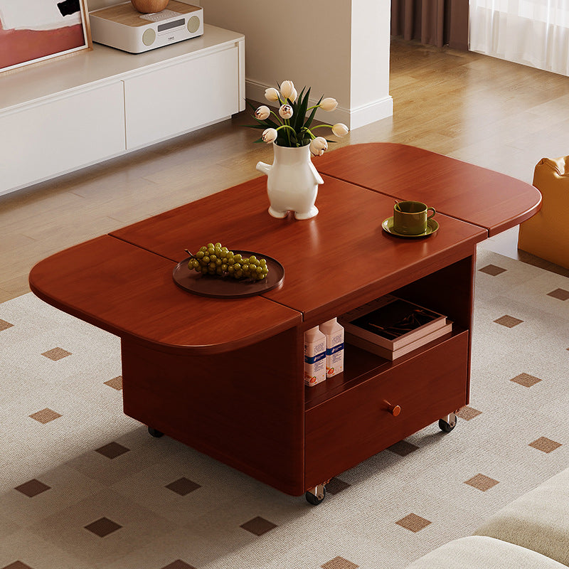 Modern Minimalist Rounded-Edge Solid Wood Eco Board Folding Movable Coffee Table 1-Drawer 2-Tier For Living Room
