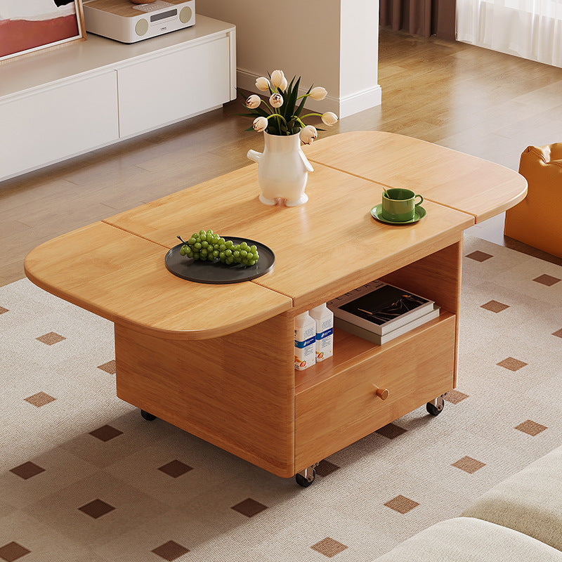 Modern Minimalist Rounded-Edge Solid Wood Eco Board Folding Movable Coffee Table 1-Drawer 2-Tier For Living Room