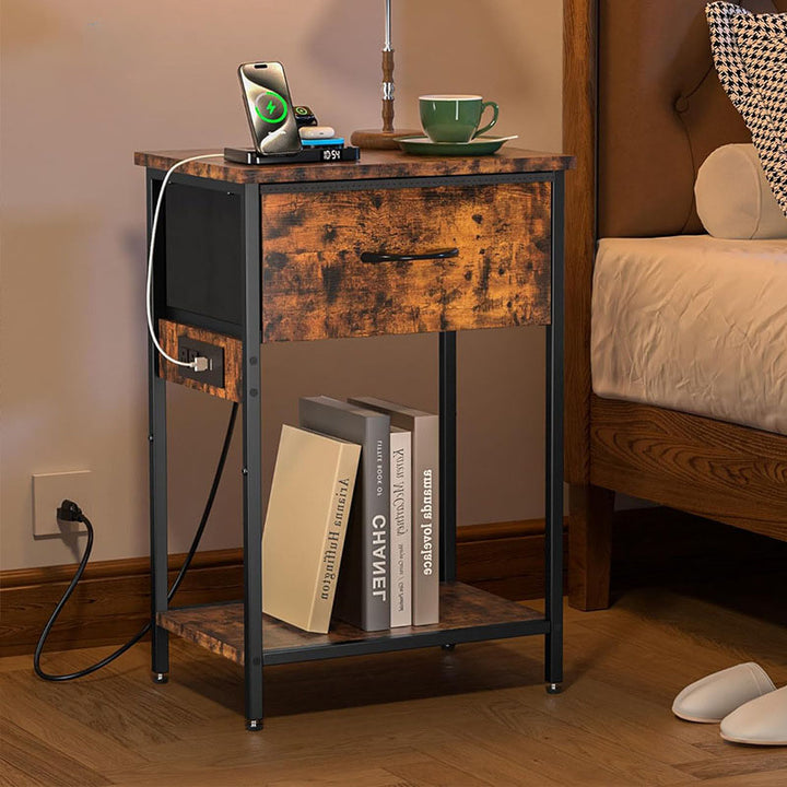 Traditional Vintage Rectangular Carbon Steel Particle Board End Table With Charging 1-Drawer For Living Room