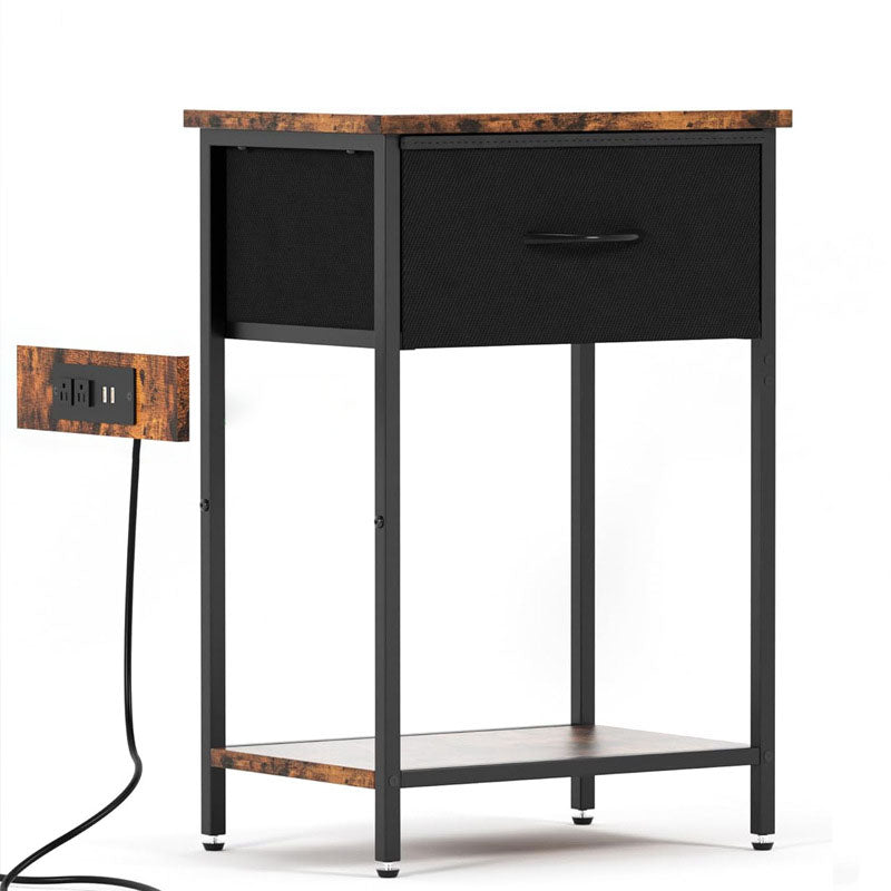 Traditioneller rechteckiger Nachttisch aus Kohlenstoffstahl und Spanplatte im Vintage-Stil mit Ladefunktion und 1 Schublade für das Wohnzimmer 