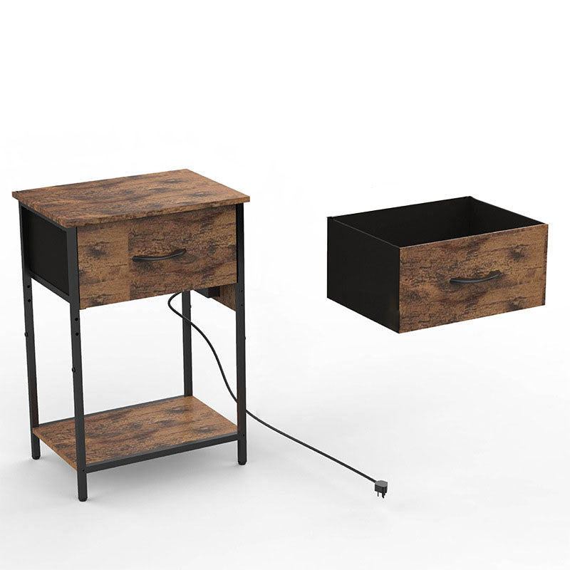Traditioneller rechteckiger Nachttisch aus Kohlenstoffstahl und Spanplatte im Vintage-Stil mit Ladefunktion und 1 Schublade für das Wohnzimmer 
