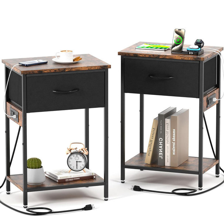 Traditioneller rechteckiger Nachttisch aus Kohlenstoffstahl und Spanplatte im Vintage-Stil mit Ladefunktion und 1 Schublade für das Wohnzimmer 