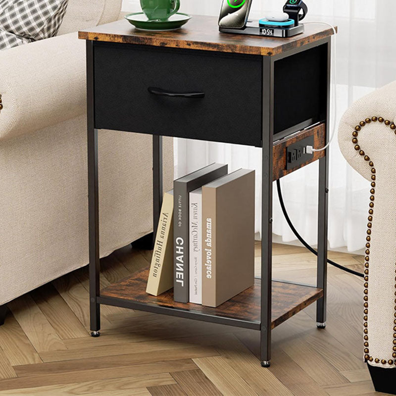 Traditioneller rechteckiger Nachttisch aus Kohlenstoffstahl und Spanplatte im Vintage-Stil mit Ladefunktion und 1 Schublade für das Wohnzimmer 