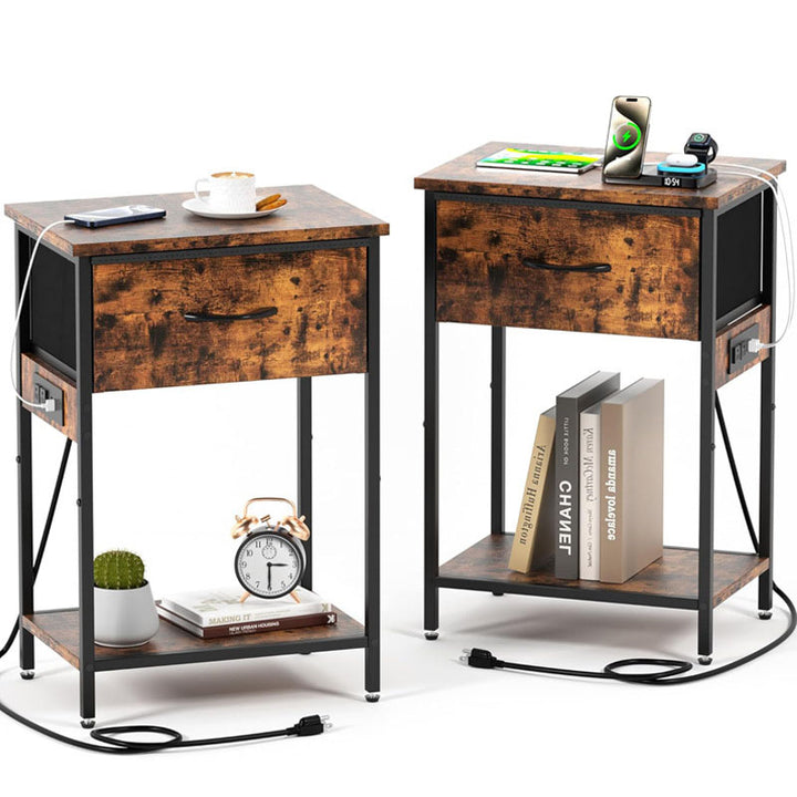 Traditioneller rechteckiger Nachttisch aus Kohlenstoffstahl und Spanplatte im Vintage-Stil mit Ladefunktion und 1 Schublade für das Wohnzimmer 