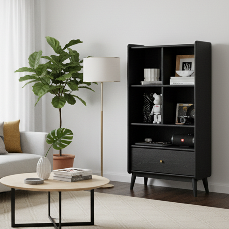 Zeitgenössisches nordisches rechteckiges schwarzes Ausstellungsregal aus Massivholz mit 1 Schublade für das Wohnzimmer 