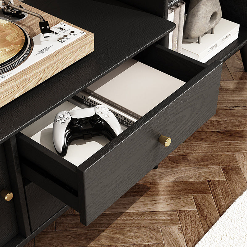 Zeitgenössisches nordisches rechteckiges TV-Ständer aus massivem Holz mit langem Regenbogenglas und Messing, 4 Schubladen für das Wohnzimmer 
