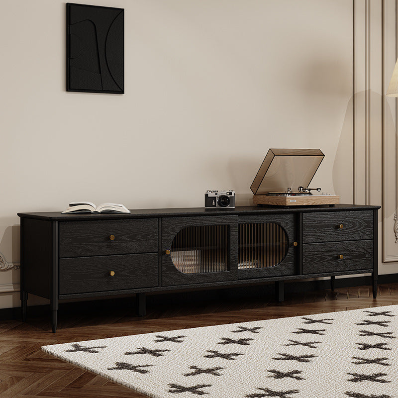 Zeitgenössisches nordisches rechteckiges TV-Ständer aus massivem Holz mit langem Regenbogenglas und Messing, 4 Schubladen für das Wohnzimmer 