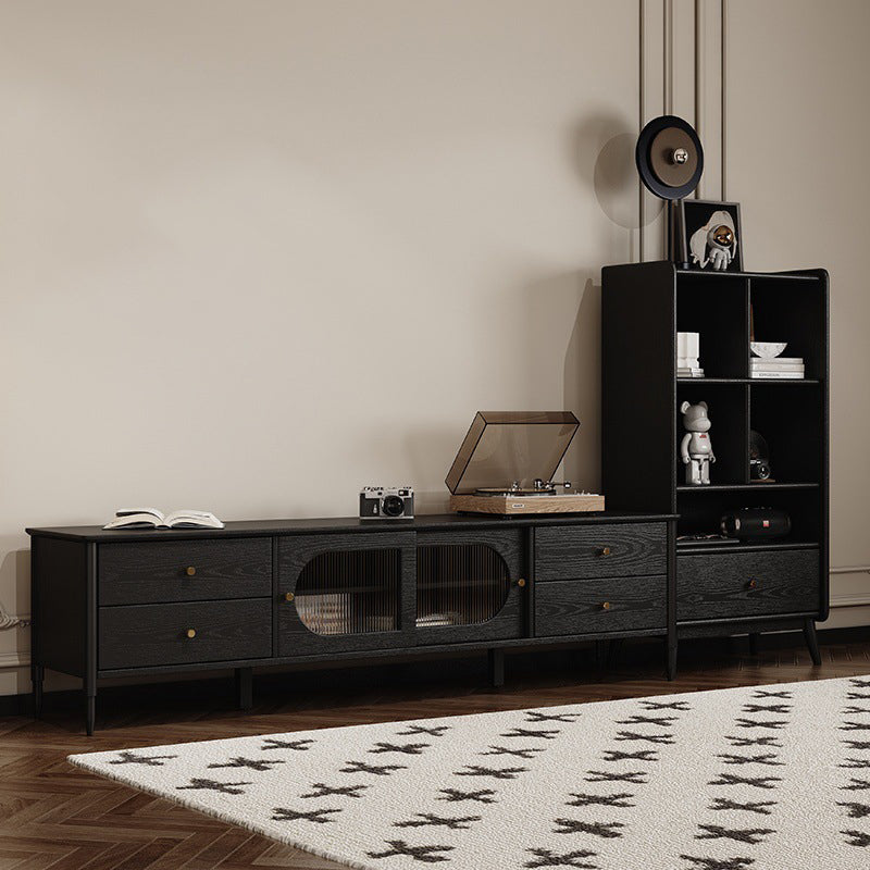 Zeitgenössisches nordisches rechteckiges schwarzes Ausstellungsregal aus Massivholz mit 1 Schublade für das Wohnzimmer 