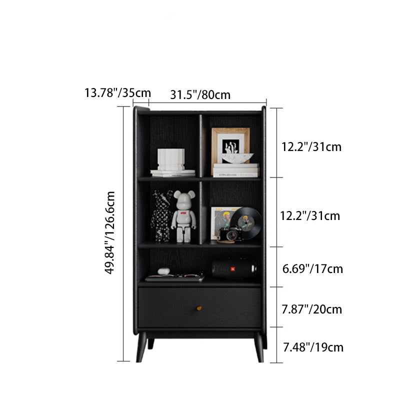 Zeitgenössisches nordisches rechteckiges schwarzes Ausstellungsregal aus Massivholz mit 1 Schublade für das Wohnzimmer 