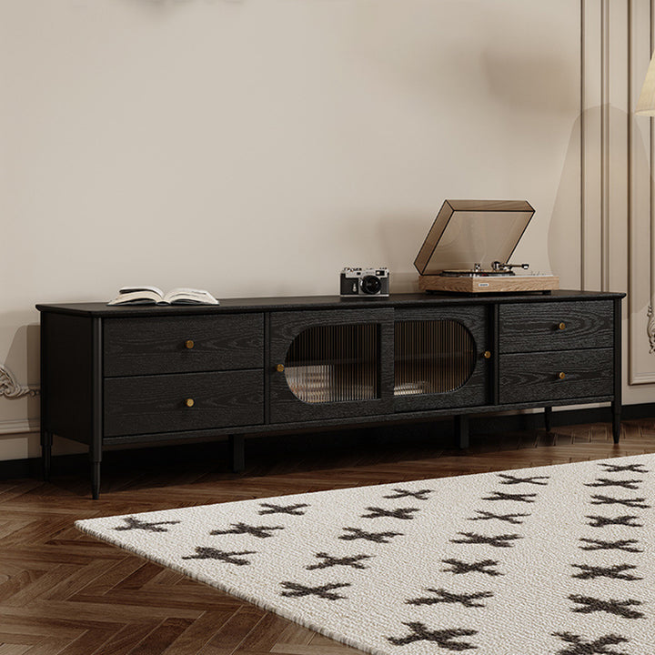 Zeitgenössisches nordisches rechteckiges TV-Ständer aus massivem Holz mit langem Regenbogenglas und Messing, 4 Schubladen für das Wohnzimmer 