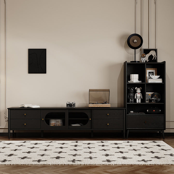 Zeitgenössisches nordisches rechteckiges schwarzes Ausstellungsregal aus Massivholz mit 1 Schublade für das Wohnzimmer 