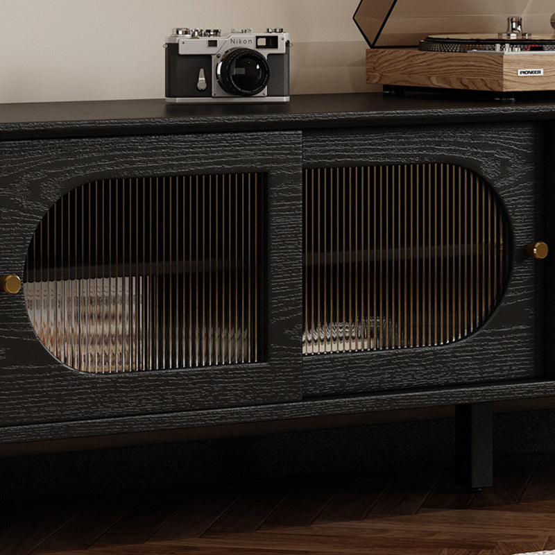 Zeitgenössisches nordisches rechteckiges TV-Ständer aus massivem Holz mit langem Regenbogenglas und Messing, 4 Schubladen für das Wohnzimmer 