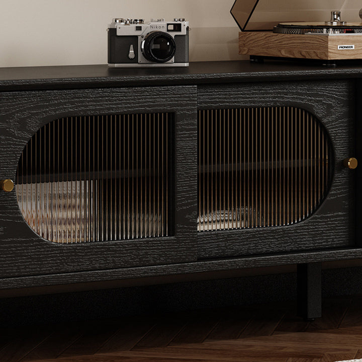 Zeitgenössisches nordisches rechteckiges TV-Ständer aus massivem Holz mit langem Regenbogenglas und Messing, 4 Schubladen für das Wohnzimmer 