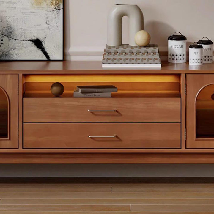 Meuble TV rectangulaire moderne de style milieu du siècle avec design en arche, en verre, alliage d&