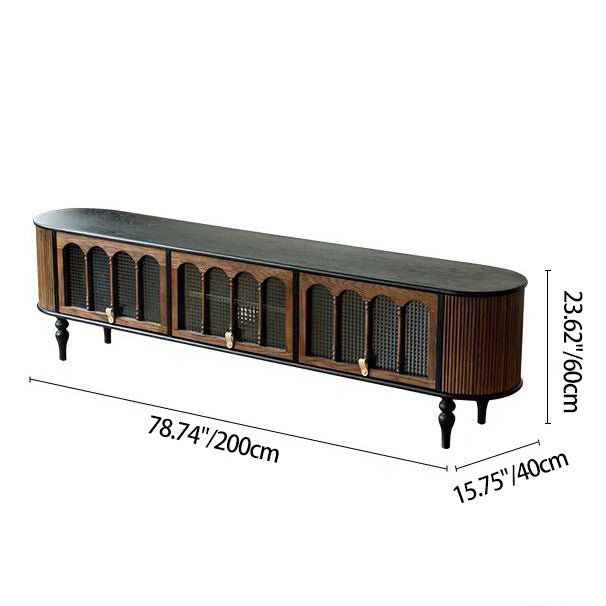 Moderner Übergangsgewölbter Design-TV-Ständer aus gehärtetem Glas und Massivholz mit 3 Ablagen für das Wohnzimmer 