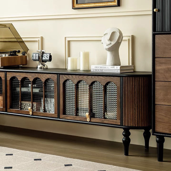 Modern Transitional Arched Design Tempered Glass Solid Wood TV Stand 3-Storage For Living Room
