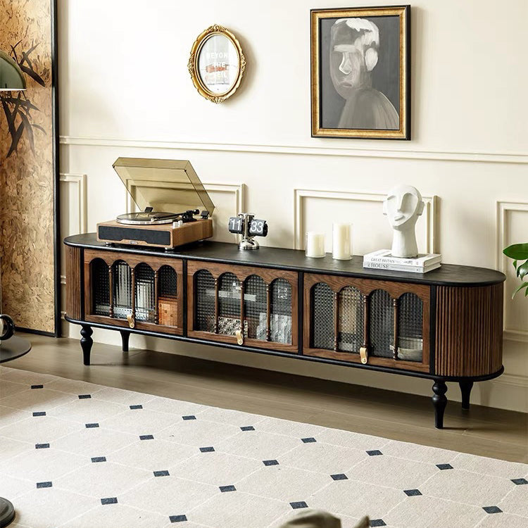 Modern Transitional Arched Design Tempered Glass Solid Wood TV Stand 3-Storage For Living Room