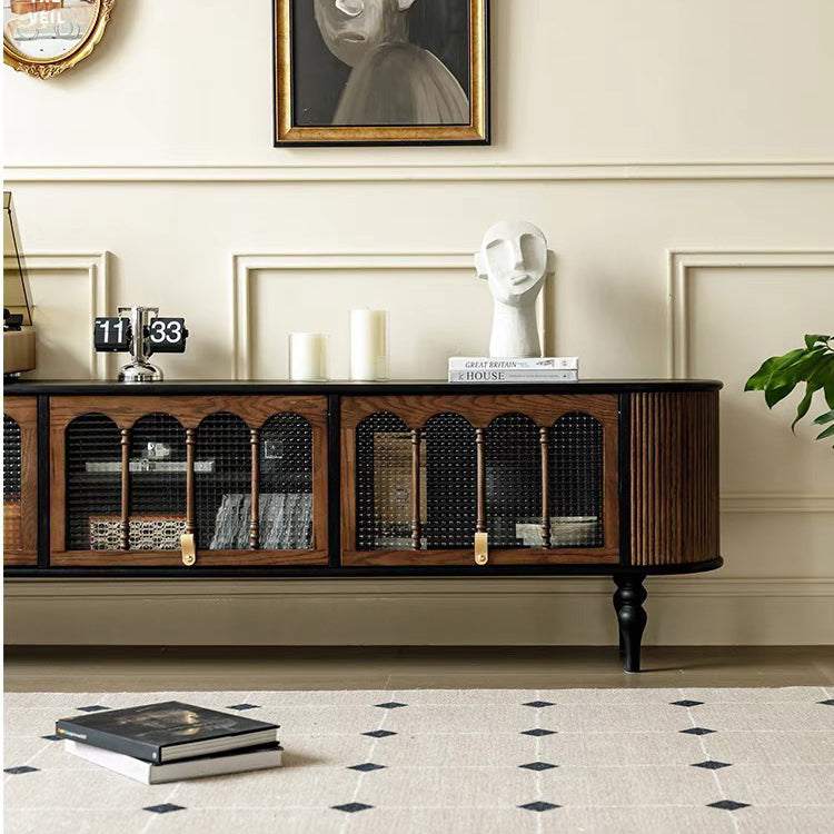 Modern Transitional Arched Design Tempered Glass Solid Wood TV Stand 3-Storage For Living Room