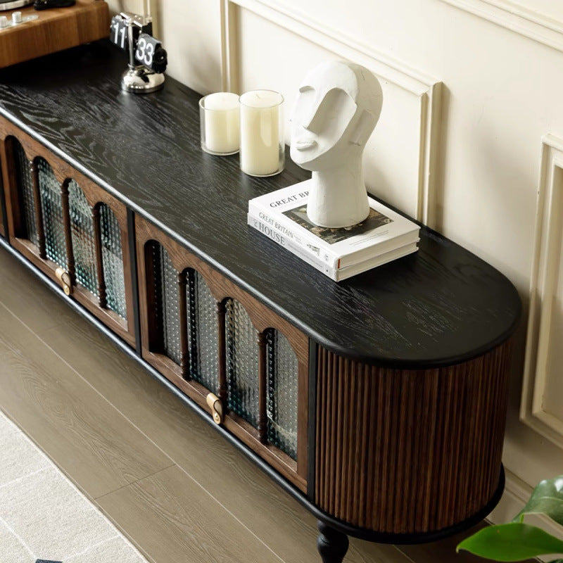 Modern Transitional Arched Design Tempered Glass Solid Wood TV Stand 3-Storage For Living Room