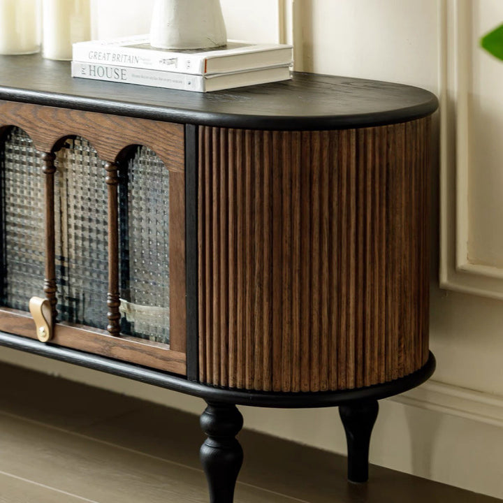 Modern Transitional Arched Design Tempered Glass Solid Wood TV Stand 3-Storage For Living Room