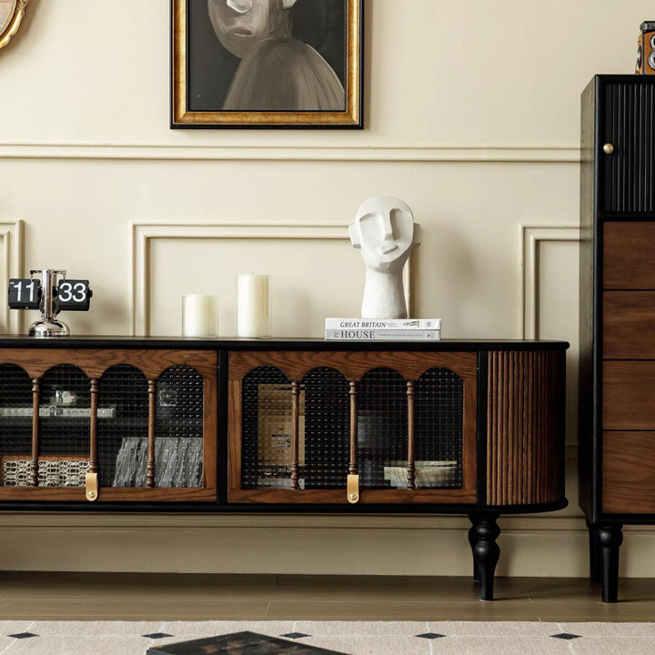 Modern Transitional Arched Design Tempered Glass Solid Wood TV Stand 3-Storage For Living Room