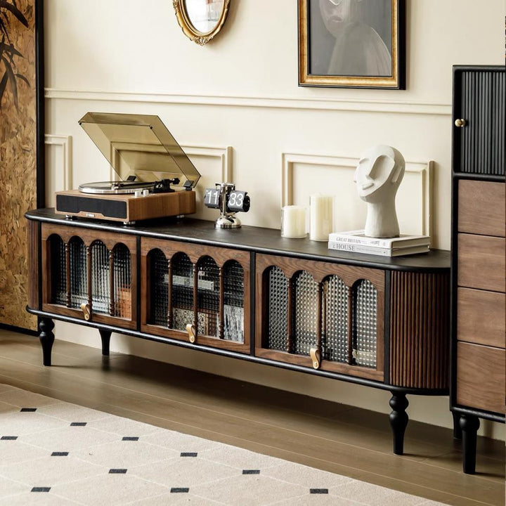 Modern Transitional Arched Design Tempered Glass Solid Wood TV Stand 3-Storage For Living Room