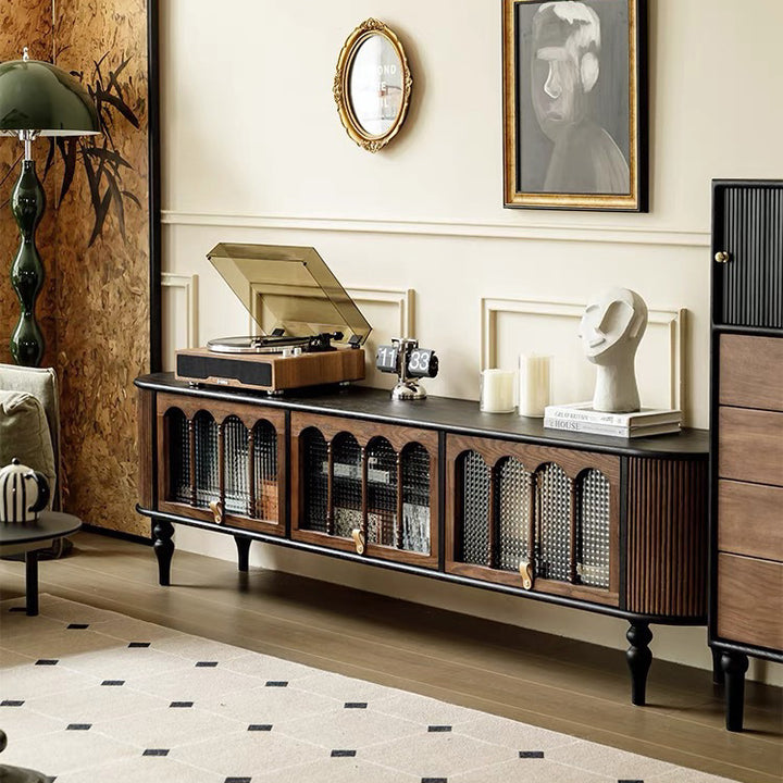 Moderner Übergangsgewölbter Design-TV-Ständer aus gehärtetem Glas und Massivholz mit 3 Ablagen für das Wohnzimmer 