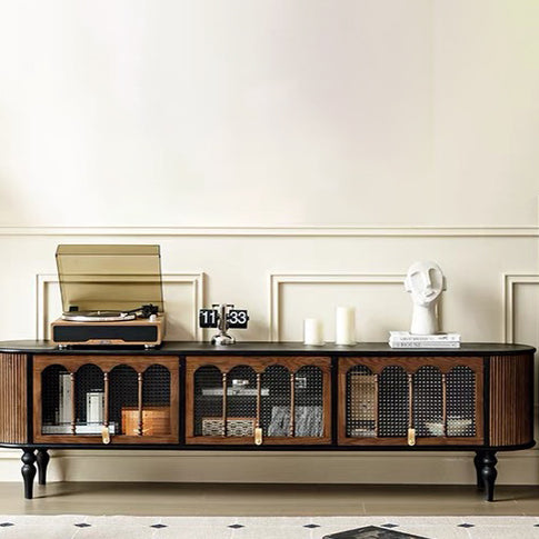 Modern Transitional Arched Design Tempered Glass Solid Wood TV Stand 3-Storage For Living Room