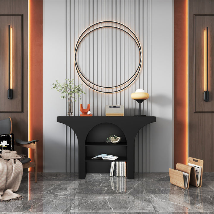 طاولة كونسول بتصميم قوسي حديث من الخشب الصلب والخشب المضغوط بثلاثة مستويات لغرفة المعيشة 