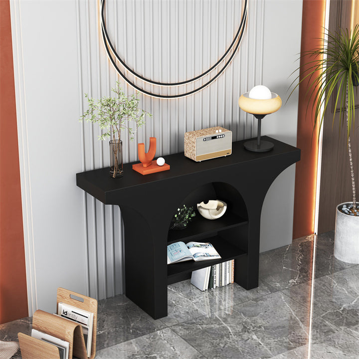 Zeitgenössischer nordischer gebogener Design-Konsolentisch aus Massivholz-Spanplatte mit 3 Ebenen für das Wohnzimmer 