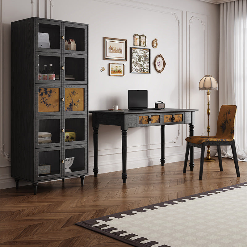 Bureau rectangulaire en bois massif de style chinois traditionnel avec tissu, 2 tiroirs, pour chambre à coucher 
