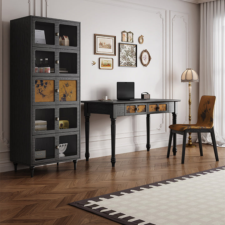 Bureau rectangulaire en bois massif de style chinois traditionnel avec tissu, 2 tiroirs, pour chambre à coucher 