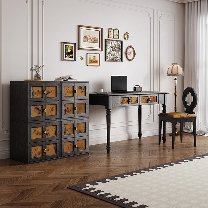 Bureau rectangulaire en bois massif de style chinois traditionnel avec tissu, 2 tiroirs, pour chambre à coucher 