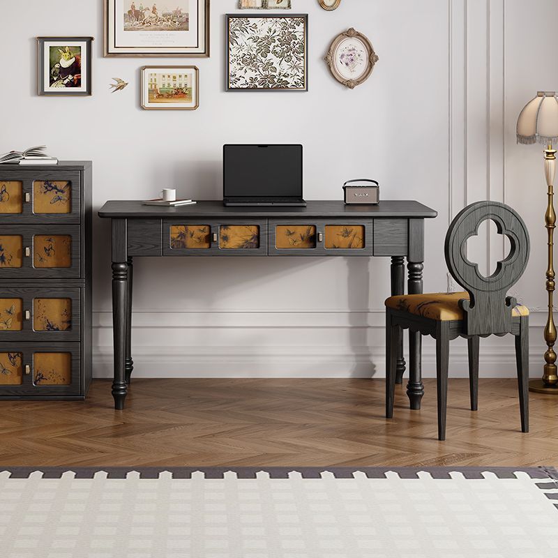Bureau rectangulaire en bois massif de style chinois traditionnel avec tissu, 2 tiroirs, pour chambre à coucher 