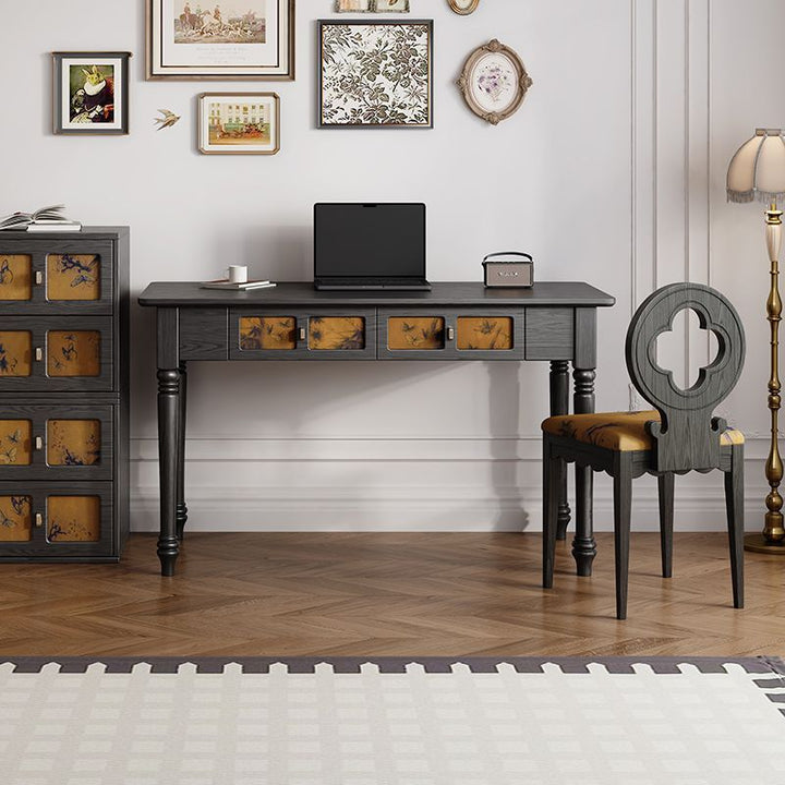 Bureau rectangulaire en bois massif de style chinois traditionnel avec tissu, 2 tiroirs, pour chambre à coucher 