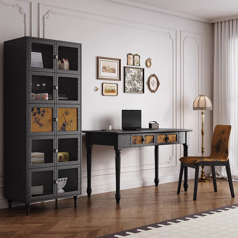 Bureau rectangulaire en bois massif de style chinois traditionnel avec tissu, 2 tiroirs, pour chambre à coucher 