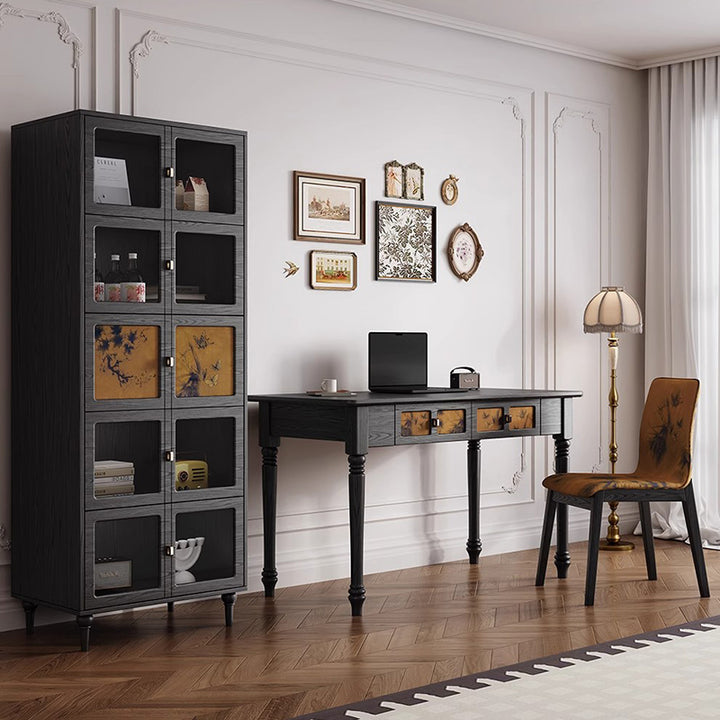 Bureau rectangulaire en bois massif de style chinois traditionnel avec tissu, 2 tiroirs, pour chambre à coucher 