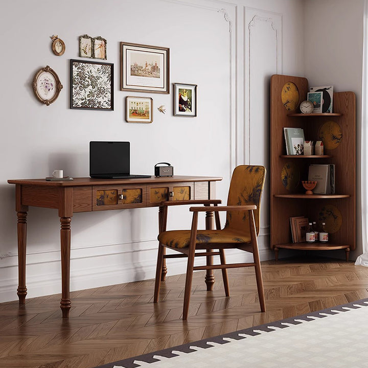 Bureau rectangulaire en bois massif de style chinois traditionnel avec tissu, 2 tiroirs, pour chambre à coucher 